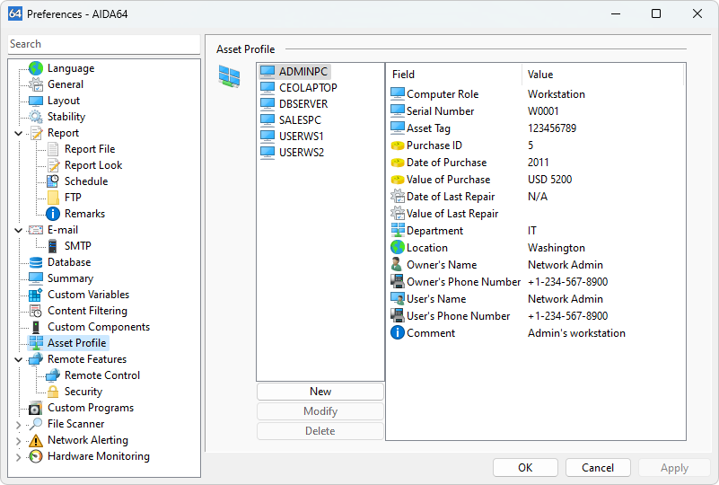 Preferences / Asset Profile